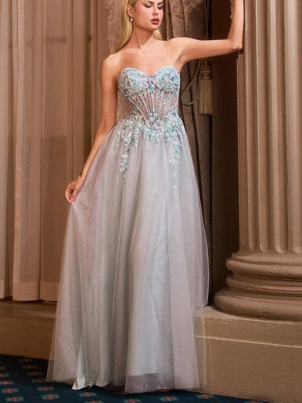 BLUE FORMAL BALL GOWN. STRAPLESS  FLORAL TULLE SKIRT CORSET STYLE BODICE BEADED